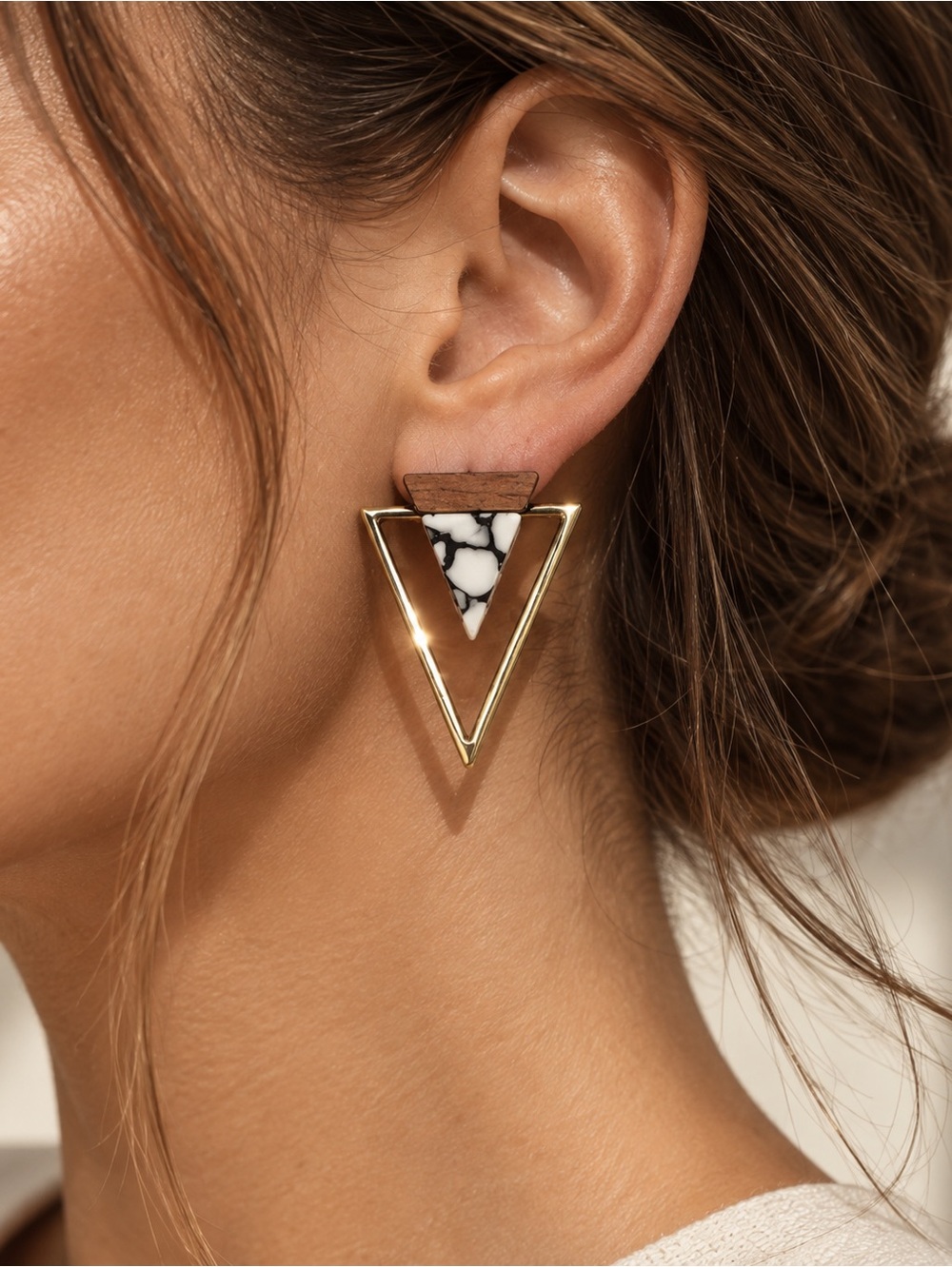 Anthropologie Geometric Triangle Statement Earrings Gold Wood Marble NWT